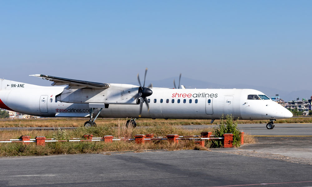 Shree Airlines aircraft at Kathmandu airport used for the Everest mountain flight